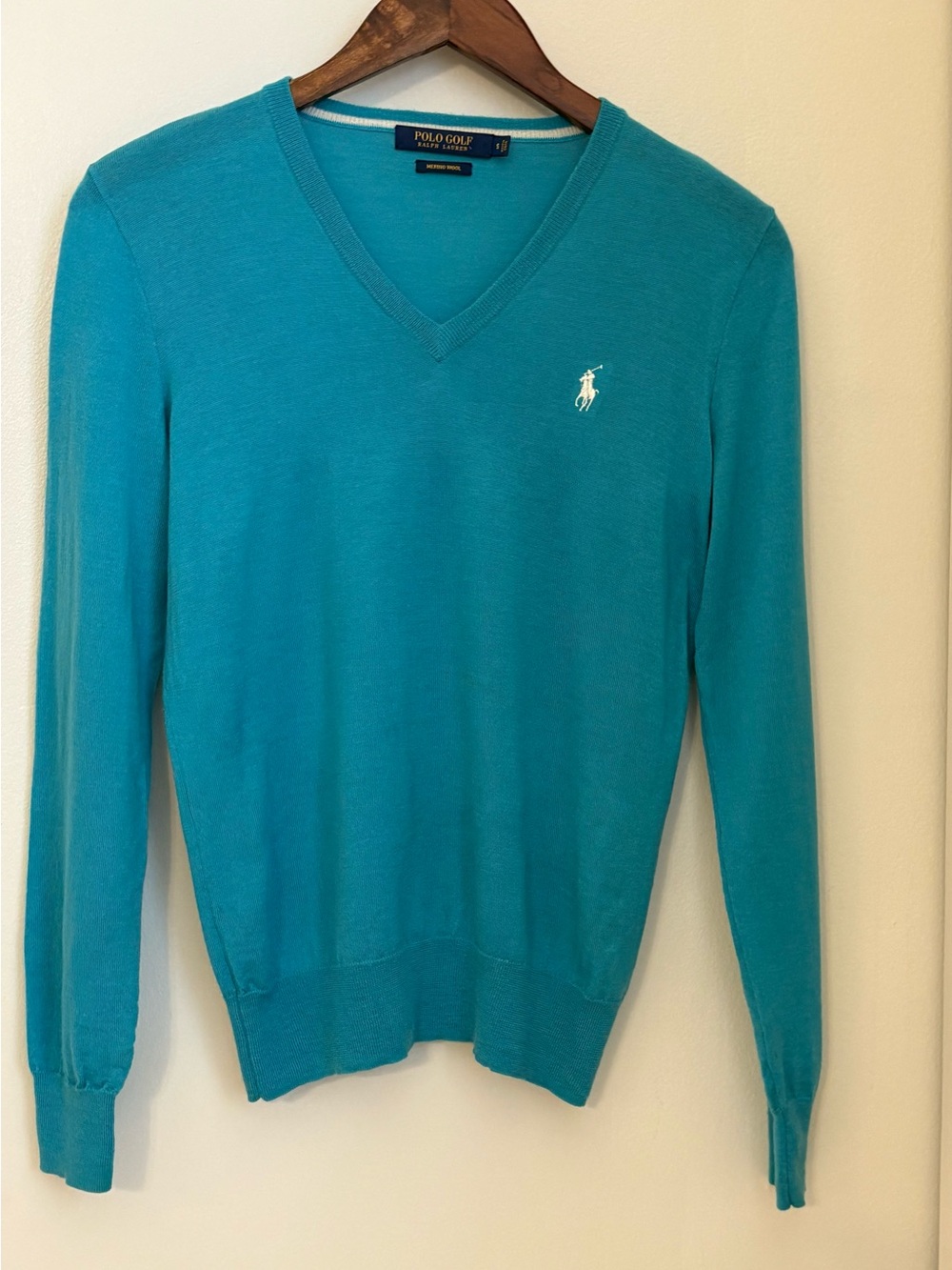 Polo Golf Ralph Lauren 100% Merino Wool Extrafine Teal V-Neck Sweater Size:S